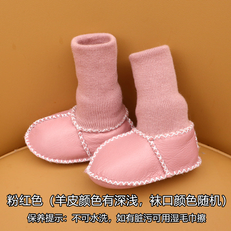 Sheepskin and fur integrated baby shoes and socks keep warm and velvet autumn and winter baby cotton shoes soft soles will not fall off toddler shoes newborn