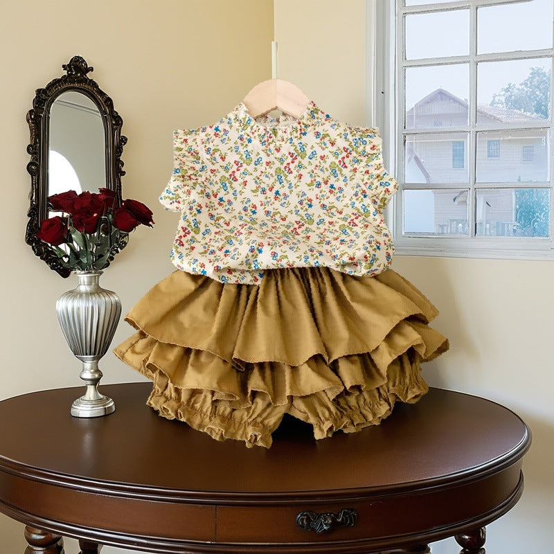 Children's clothing girls Korean version 2025 summer floral stand collar flying sleeves baby shirt khaki cake skirt pants two-piece summer clothes