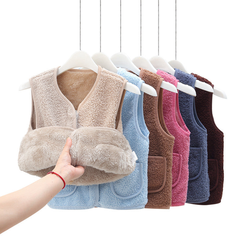 2024 autumn and winter new style boys plus velvet baby waistcoat children's outer wear lambskin vest girls warm cotton vest