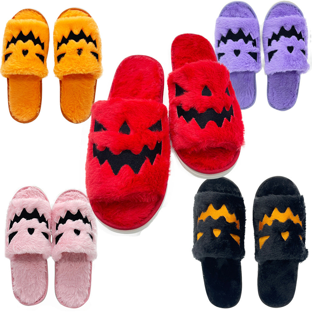Cross-border hot selling Halloween pumpkin shoes elk Christmas slippers indoor and foreign trade plush open toe plush flat slippers