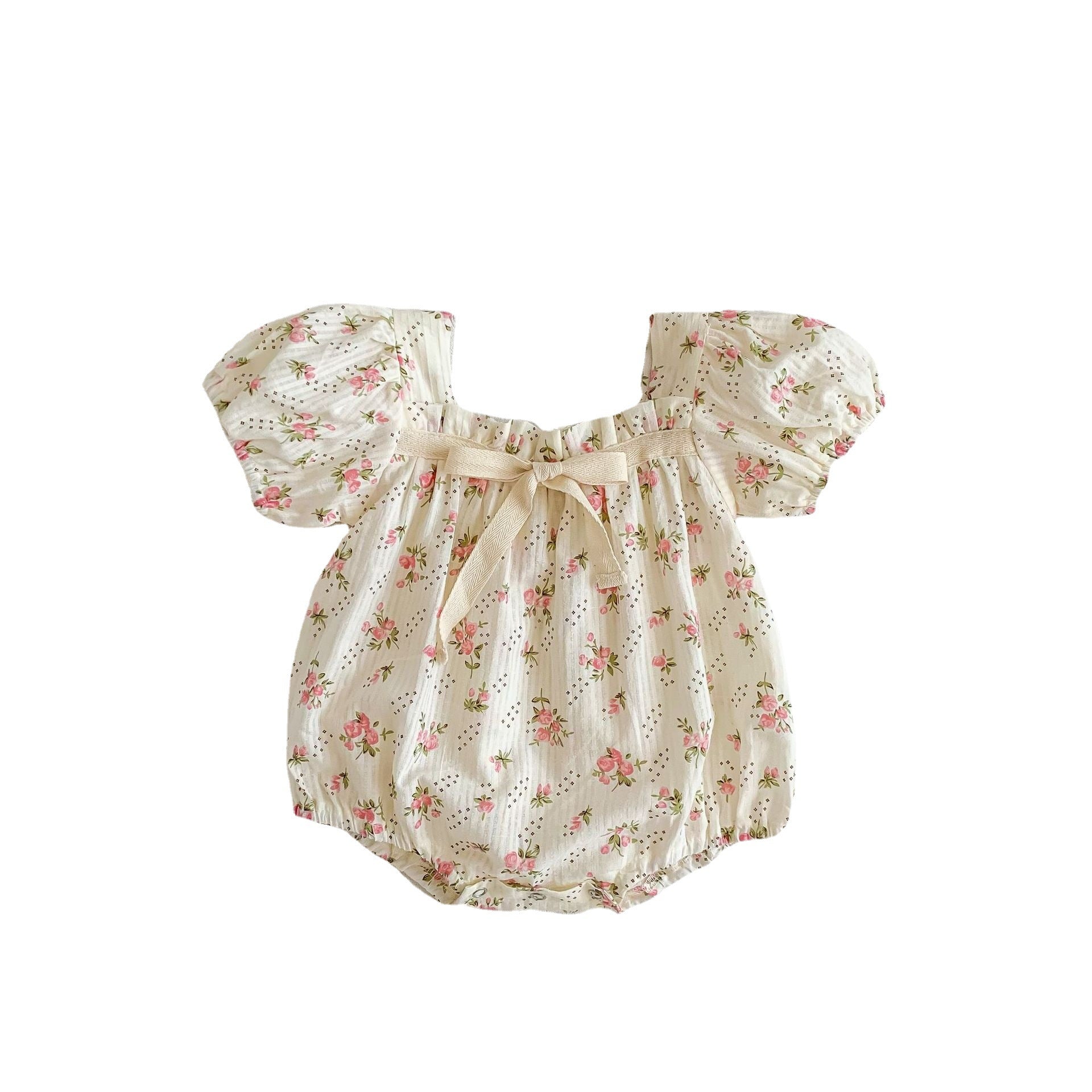 2023 Summer Infant and Toddler Jumpsuit Small Floral Bow Knot Baby Girl Puff Sleeve Harness Covered Romper