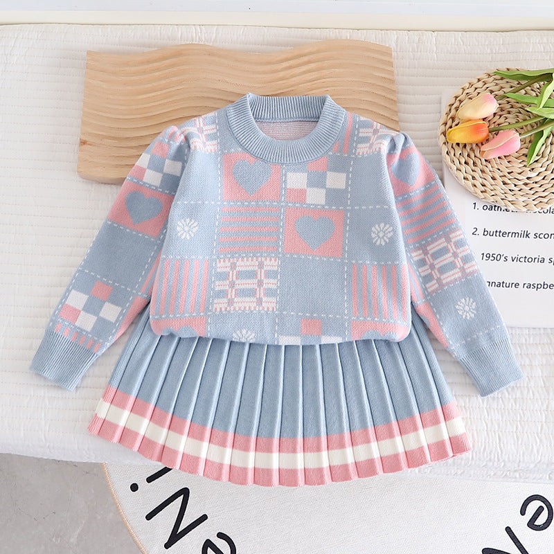 Baby girl sweater skirt children's spring and autumn new knitted two-piece skirt cute geometric pattern sweater skirt foreign trade trend