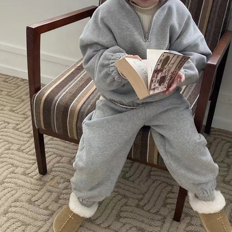 ins Korean version of winter children's clothing boys simple solid color plus velvet suit baby girl fashion outing clothes two-piece suit