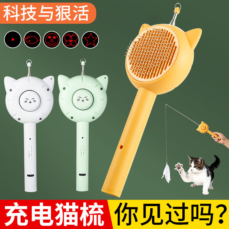 Cross-border new pet multifunctional laser cat teaser stick toy one-click to remove loose hair cat comb stainless steel fine needle comb