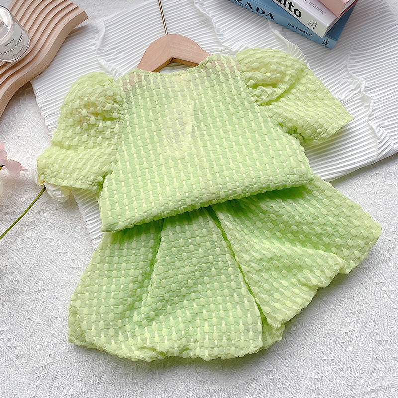 Girls suit 2023 summer new green baby girl solid color top shorts two-piece suit 11001