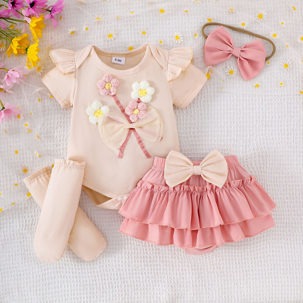 Cross-border European and American summer baby girl suits, small and medium-sized children's baby rompers, bow short skirts, socks, headwear
