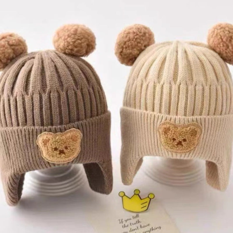 Autumn and winter children's hat baby same style beige series boys and girls windproof ear protection warm knitted cartoon ear warmer