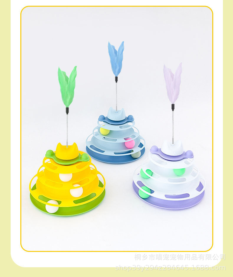 Cross-border new cat toy four-story track amusement ride with funny cat stick space tower turntable interactive toy pet