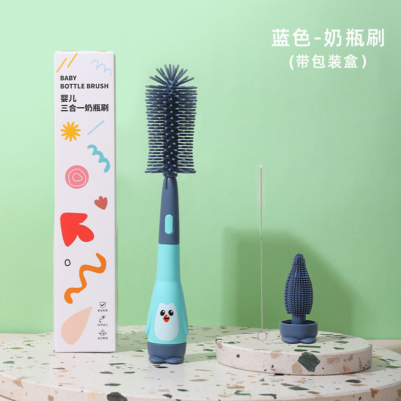 Baby bottle brush penguin three-in-one bottle brush straw brush pacifier brush set water cup cleaning brush spot wholesale