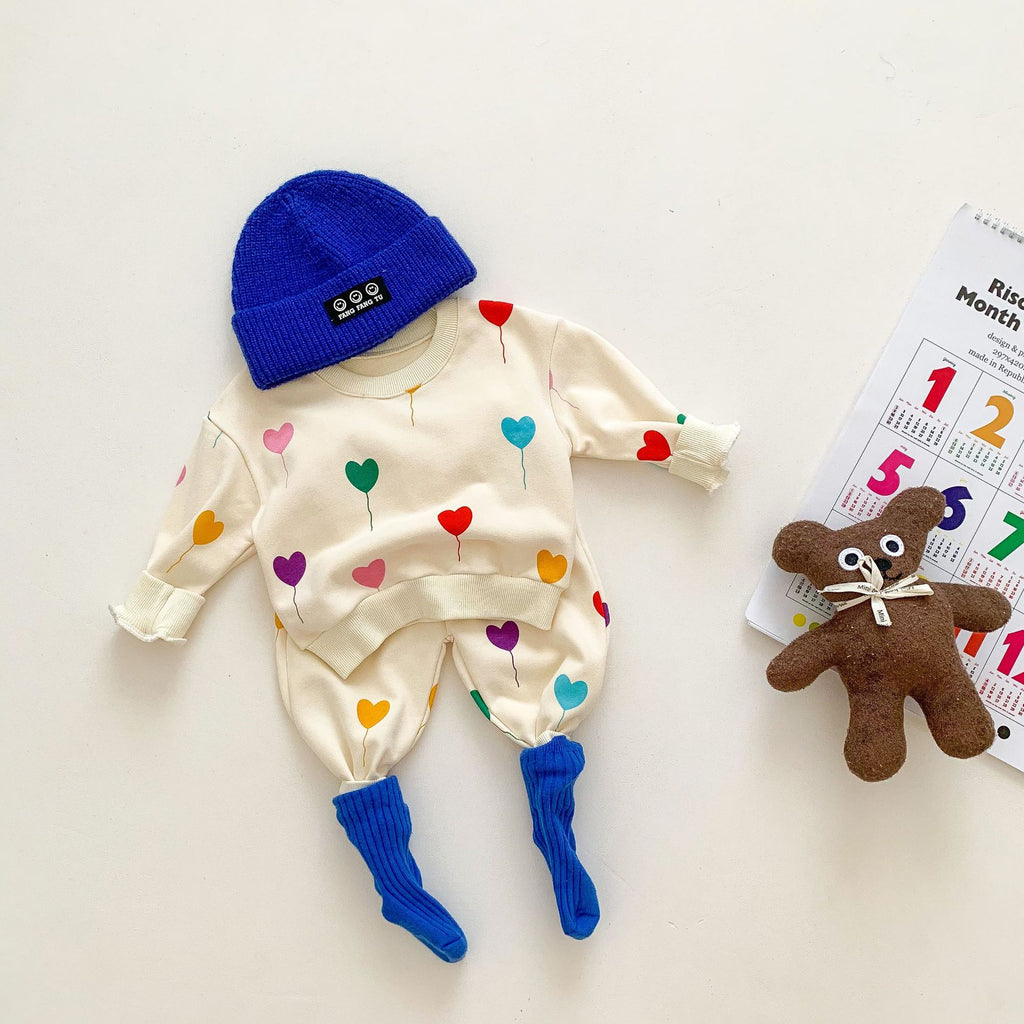 Korean version of infants and young children's spring and autumn ins love printing fashionable boys and girls sweatshirt baby comfortable two-piece suit