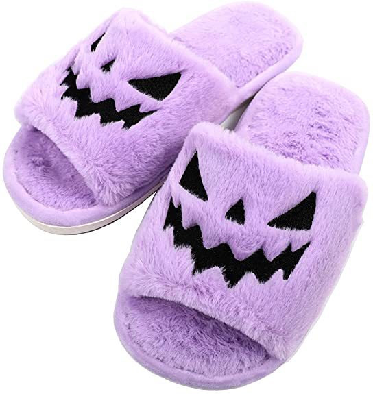 Cross-border plus size slippers female Halloween pumpkin lantern soft European and American plush open toe outer wear plush
