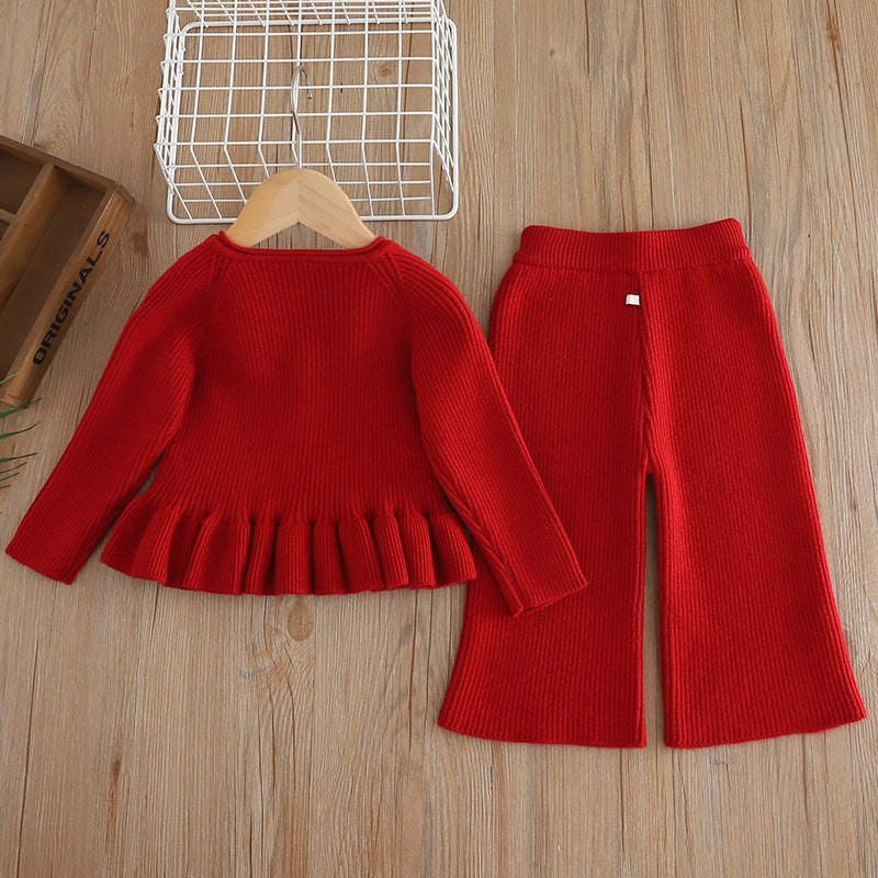 Girls sweater and pants suit red knitted two-piece suit 2023 autumn and winter baby girl bear stylish top straight tube