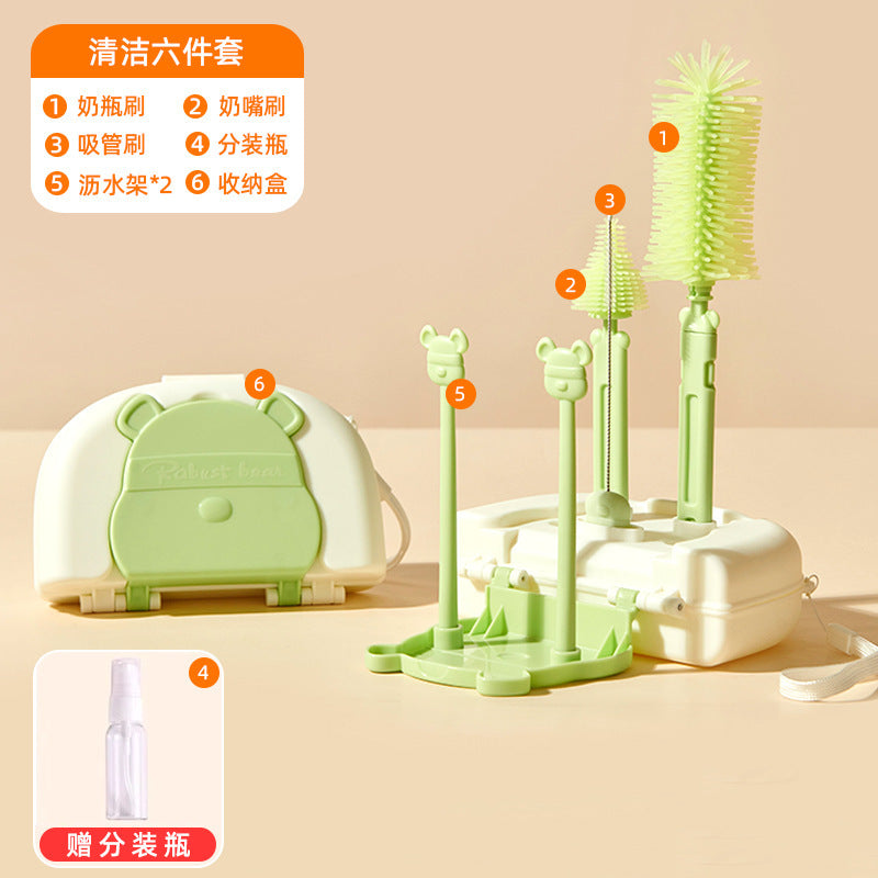 Infant cleaning brush set children's straw brush cup brush drain rack with storage box baby silicone bottle brush