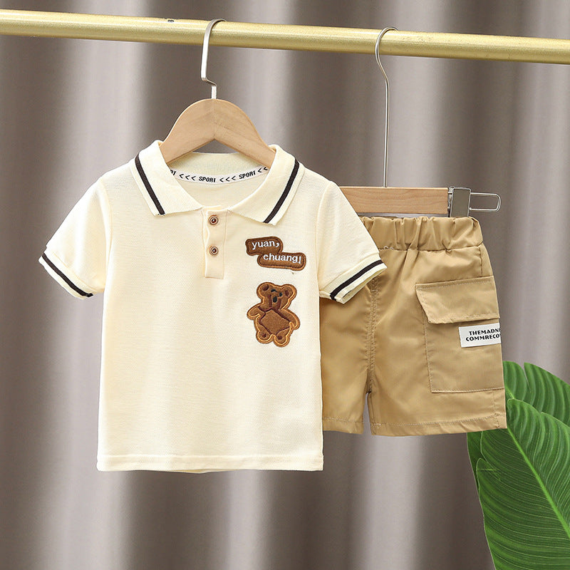 Boys summer clothes children's short-sleeved suits summer new style little boy baby fashion striped polo shirt two-piece suit trendy