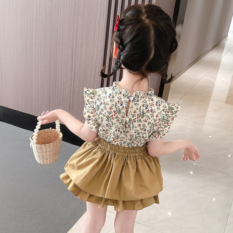 Korean children's clothing summer new style girls' fashionable suit baby floral ruffle shirt flower bud pants two-piece suit trendy