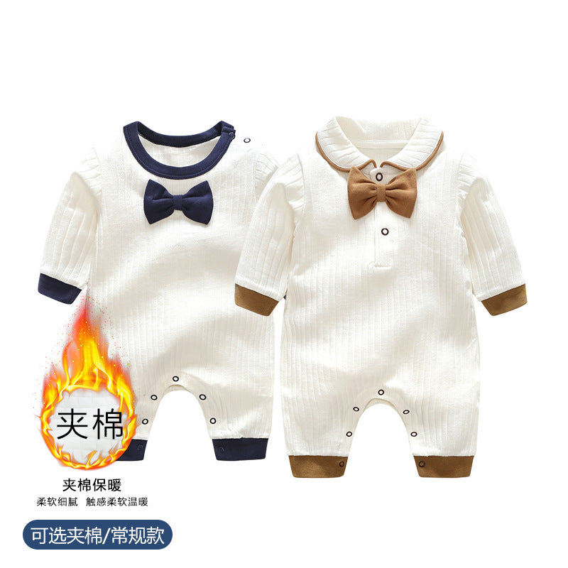 Newborn baby 100-day autumn and winter long-sleeved baby crawling clothes pure cotton jumpsuit new version gentleman bow tie clothes