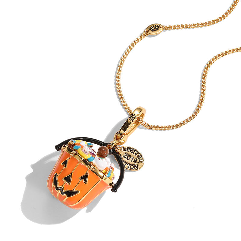 Foreign trade cross-border fashion enamel glaze eye candy pumpkin bucket pendant necklace portable basket Halloween gift