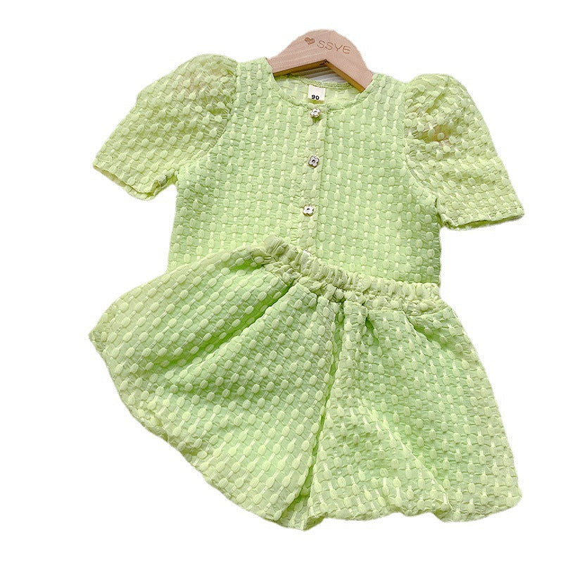 Girls suit 2023 summer new green baby girl solid color top shorts two-piece suit 11001