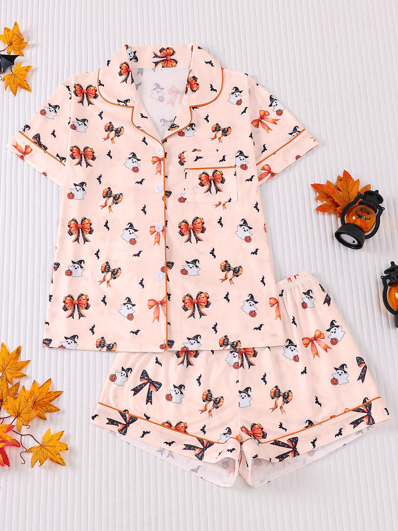 Cross-border foreign trade new European and American women's pajamas Halloween print lapel short-sleeved shorts European and American home clothes suit