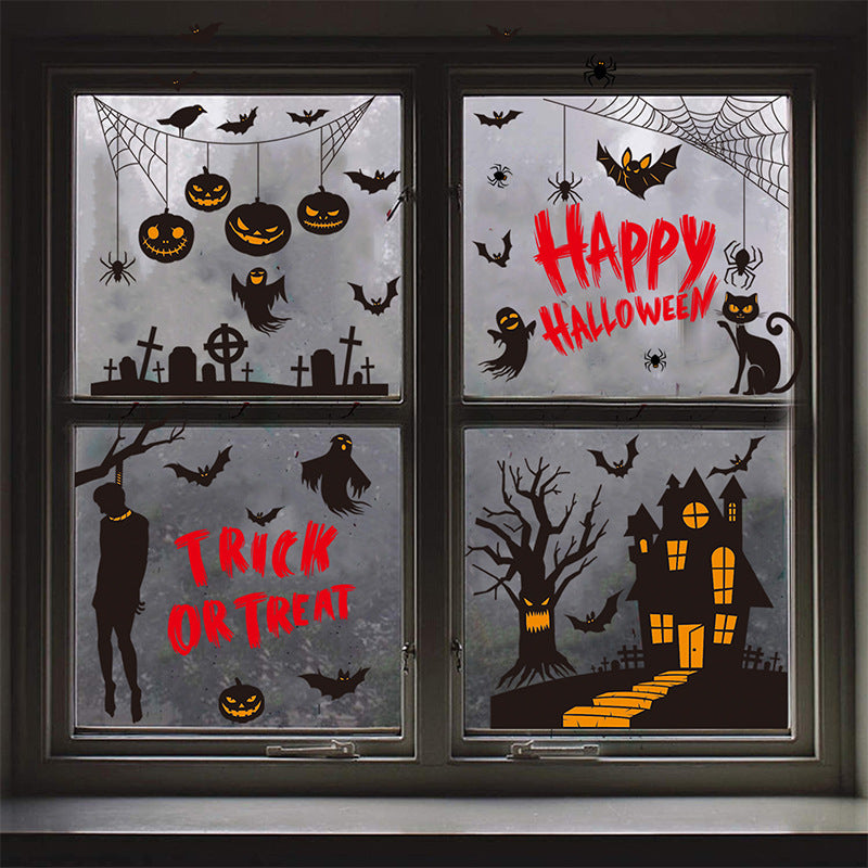 Halloween Window Decoration Paper Haunted House Pumpkin Ghost Bat Static Glass Window Sticker Halloween Party Window Sticker