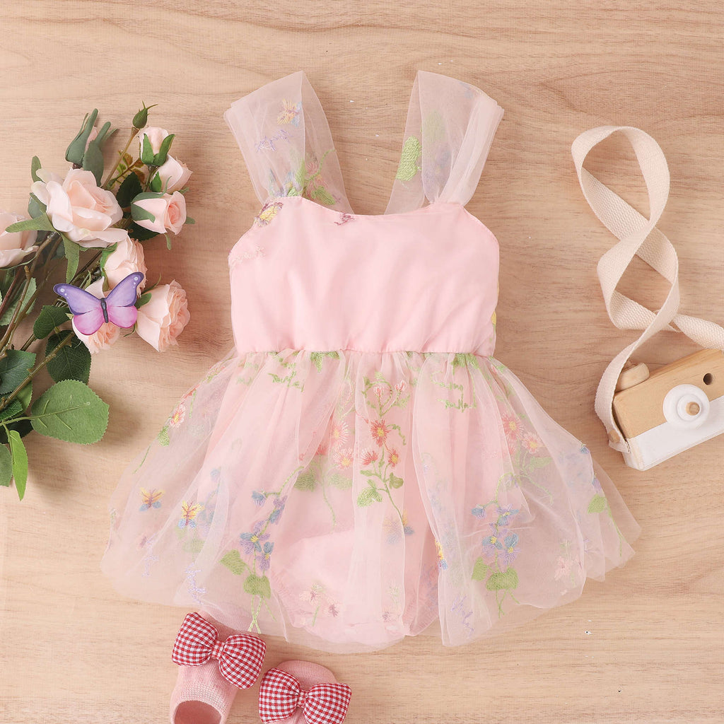 Baoxin children's clothing Korean version spring and summer girls baby sling embroidered flowers mesh princess can open crotch fart baby romper