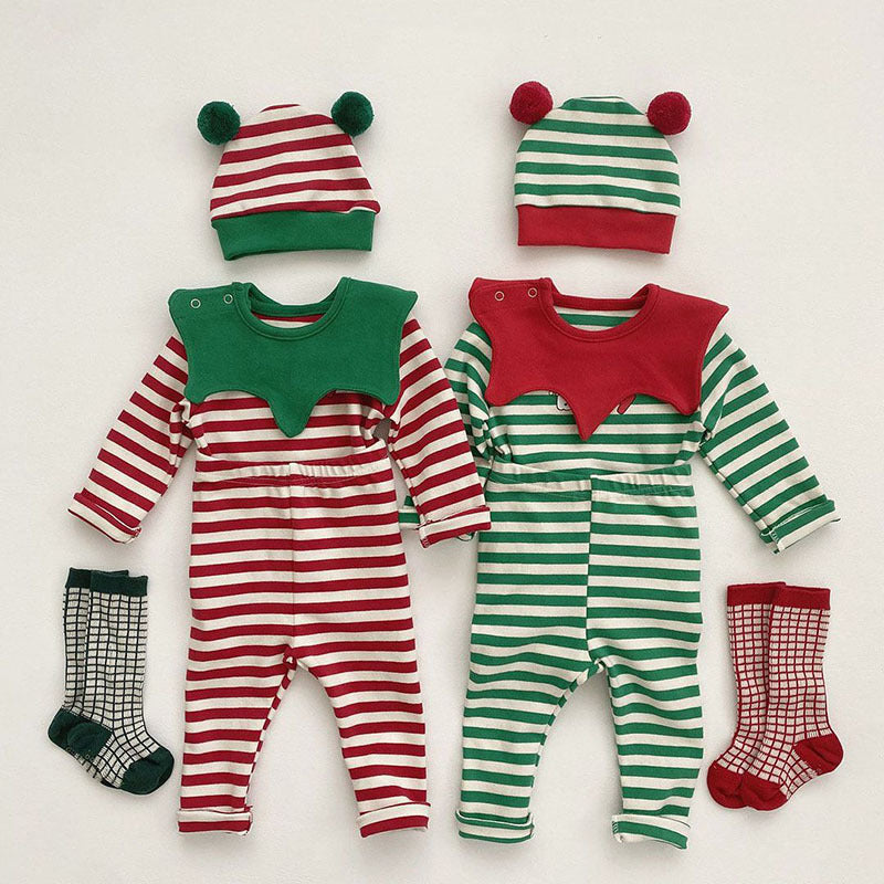 Korean version autumn and winter newborn baby children's Christmas long-sleeved four-piece suit striped pants detachable hood romper children's set
