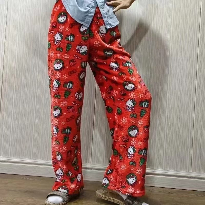 Foreign trade Halloween cartoon KT cat flannel pajamas women autumn and winter plus velvet warm leisure home graffiti pants