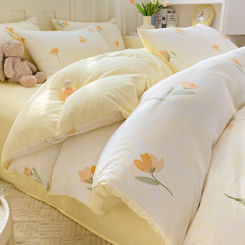 A-grade mother and baby grade four-piece set double-layer yarn pure washed cotton full quilt cover ins style bed sheet dormitory bed sheet 4 three-piece set