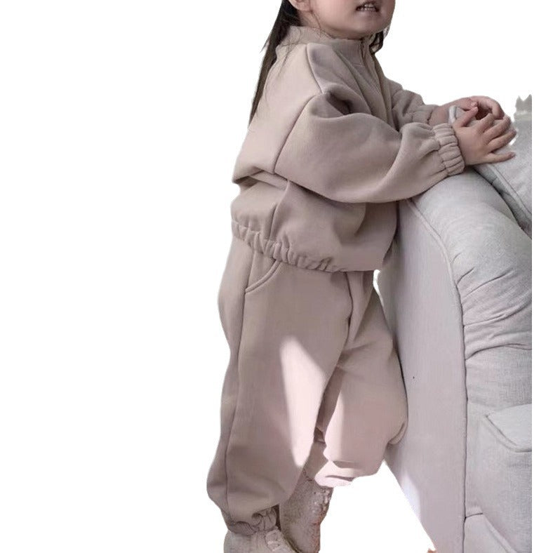 ins Korean version of winter children's clothing boys simple solid color plus velvet suit baby girl fashion outing clothes two-piece suit