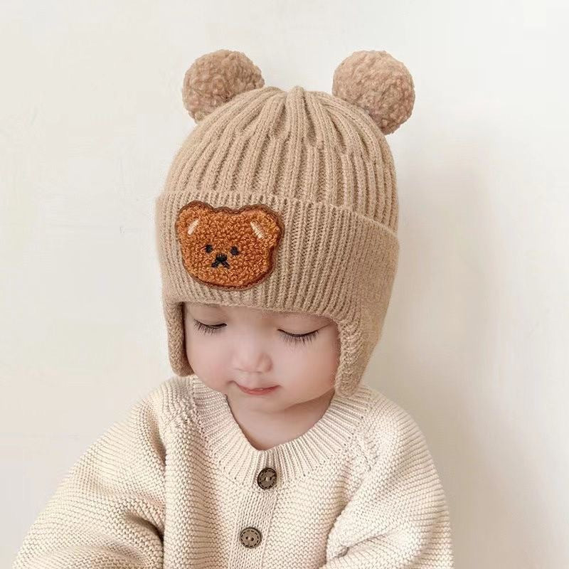 New autumn and winter children's warm hats cute bear double ball hats infant baby warm ear protection knitted wool hat