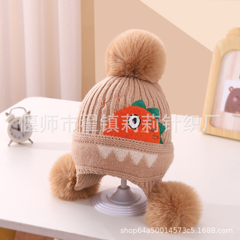 New autumn and winter children's warm hats cute bear double ball hats infant baby warm ear protection knitted wool hat
