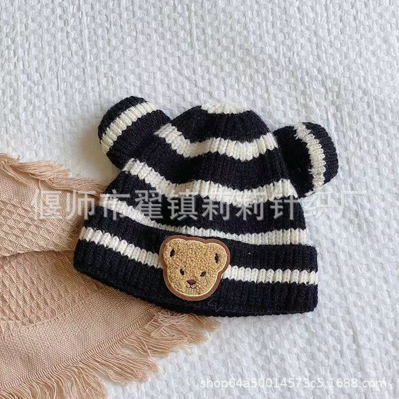 New autumn and winter children's warm hats cute bear double ball hats infant baby warm ear protection knitted wool hat