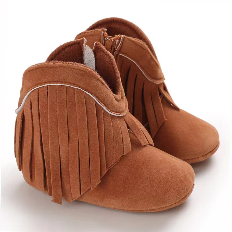 2023 Winter Baby Girls Long Tube Tassel Toddler Shoes Side Zipper Soft Sole Baby Toddler Shoes Baby Pre-Step Shoes