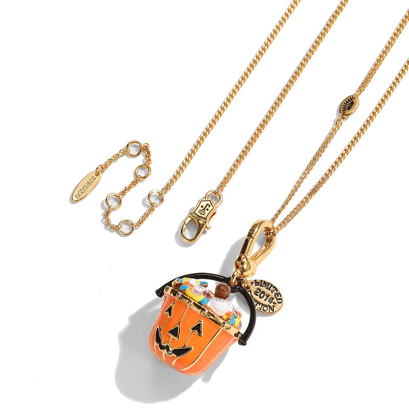 Foreign trade cross-border fashion enamel glaze eye candy pumpkin bucket pendant necklace portable basket Halloween gift