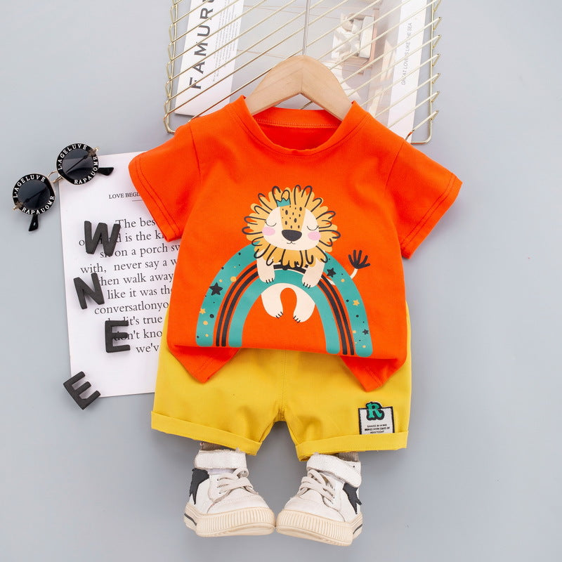 Children's college style suit 2024 summer boys cartoon lion two-piece suit baby boy stylish short-sleeved shorts suit