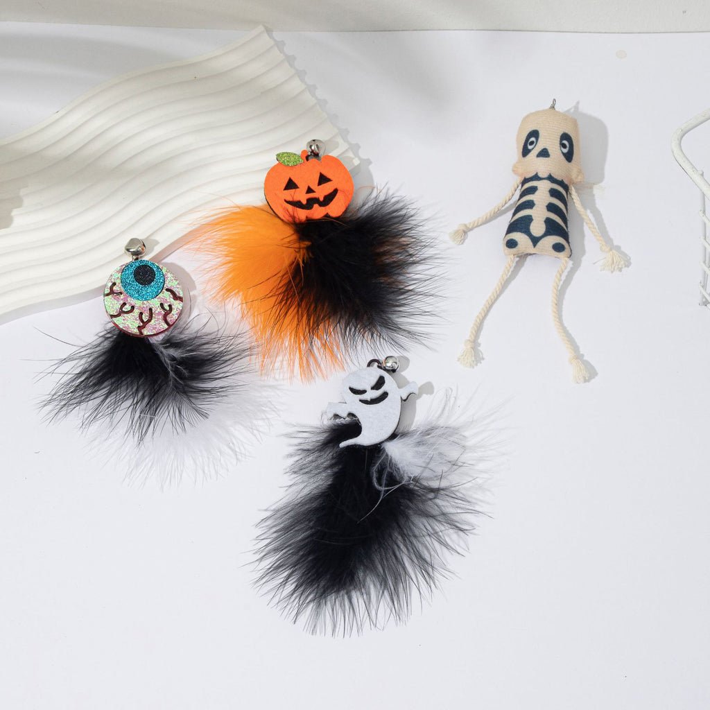 Cross-border new Halloween cat toys new cat teaser pumpkin ghost feather bell plastic cat toy manufacturer