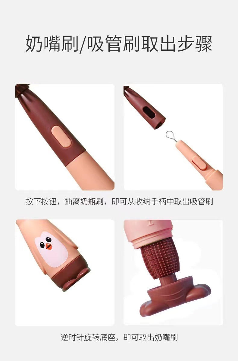 Baby bottle brush penguin three-in-one bottle brush straw brush pacifier brush set water cup cleaning brush spot wholesale