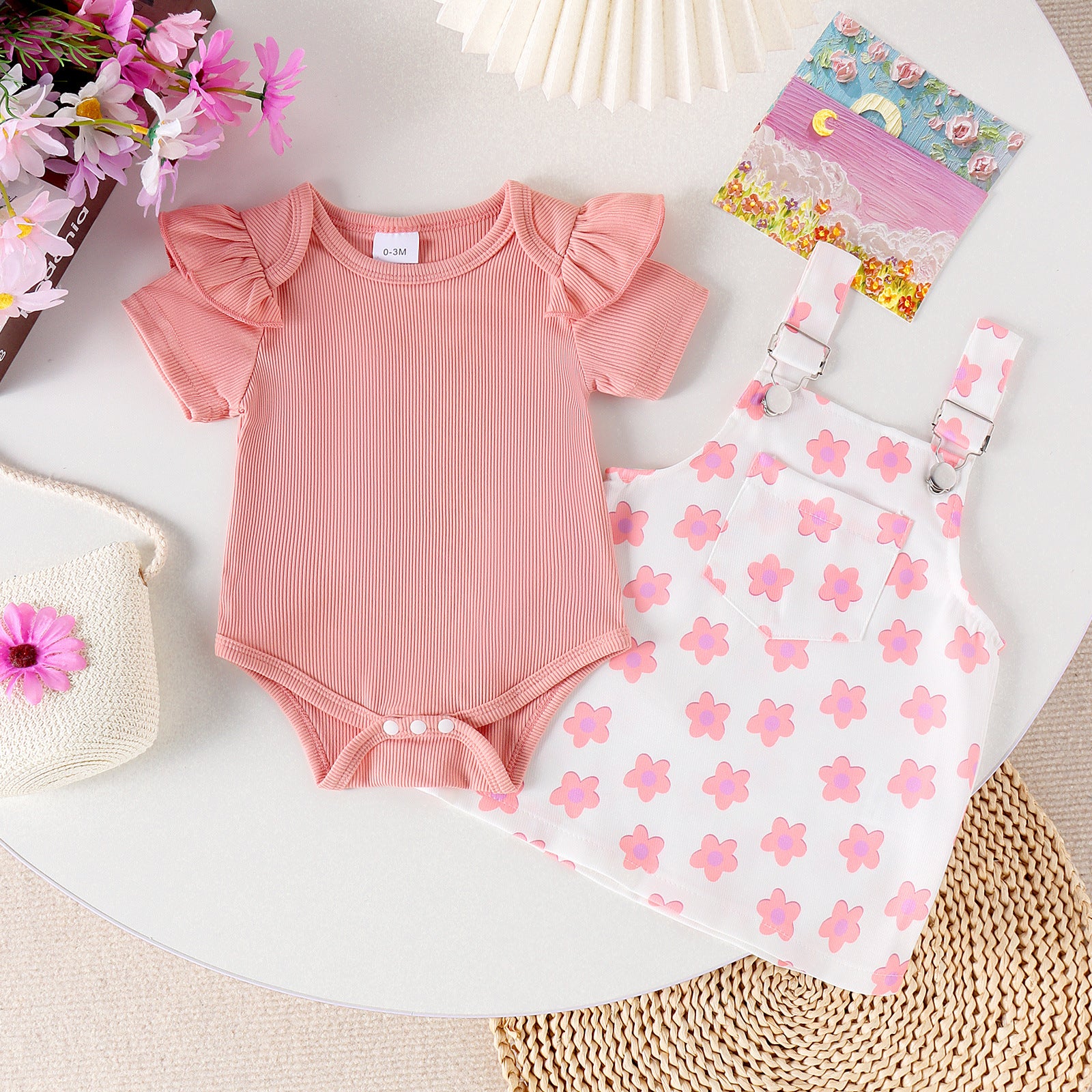 Cross-border Korean cute baby and toddler suits Summer flying sleeves open crotch inner wear Flower print suspender skirt two-piece suit