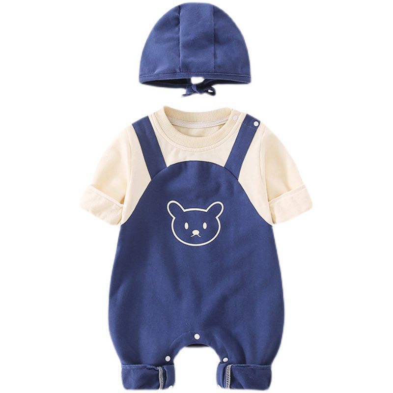 Newborn baby autumn clothes cute super cute baby one-piece romper spring and autumn style full moon 100 days with hood outdoor crawling clothes