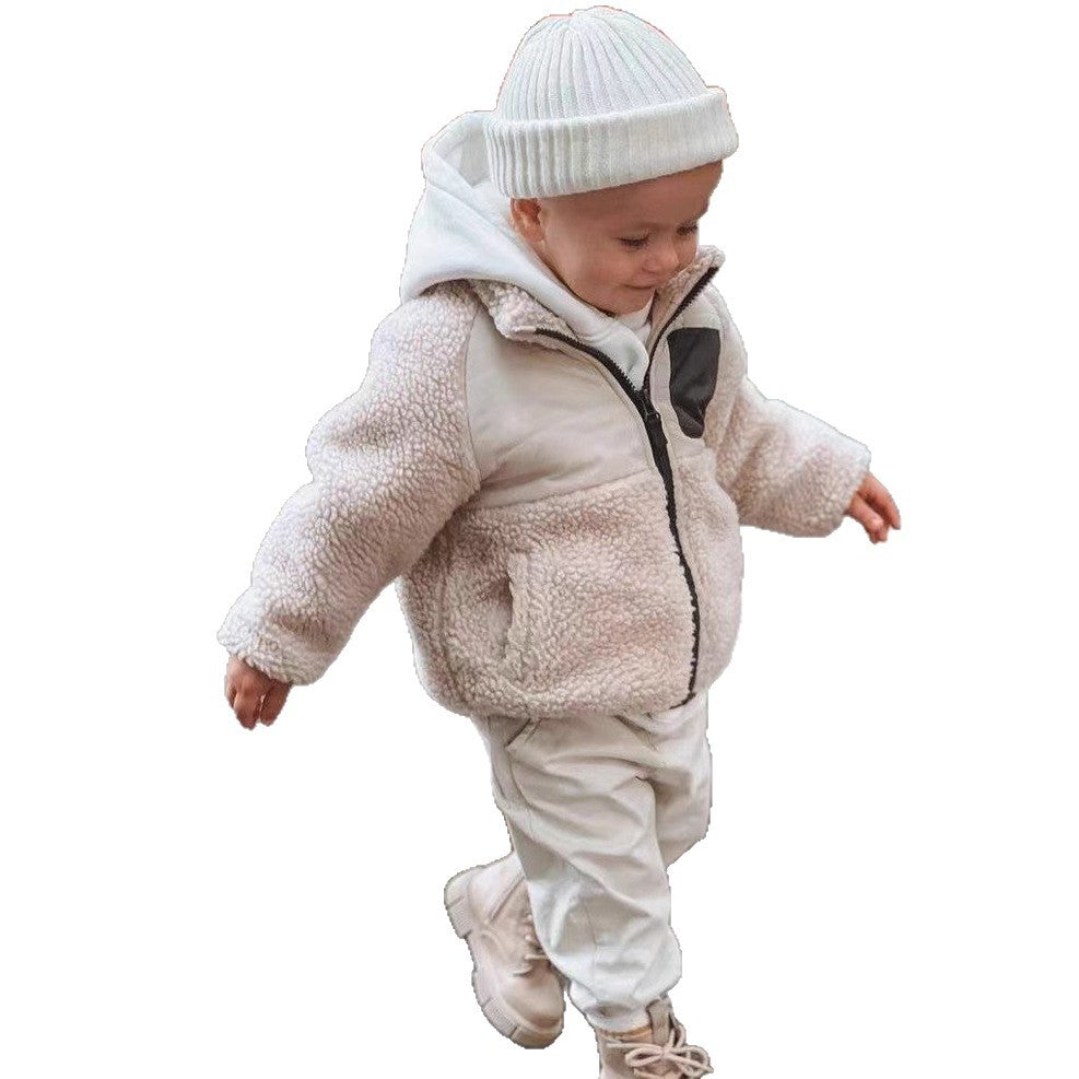 Children's clothing children's winter cotton-padded coat baby girl loose splicing lamb wool plus velvet sweater neutral thick warm coat
