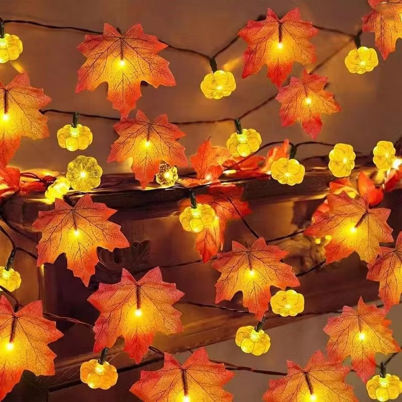 New LED Simulation Maple Leaf Pumpkin Light String Battery Box Remote Control Halloween Thanksgiving Garden Party Decorative Lights