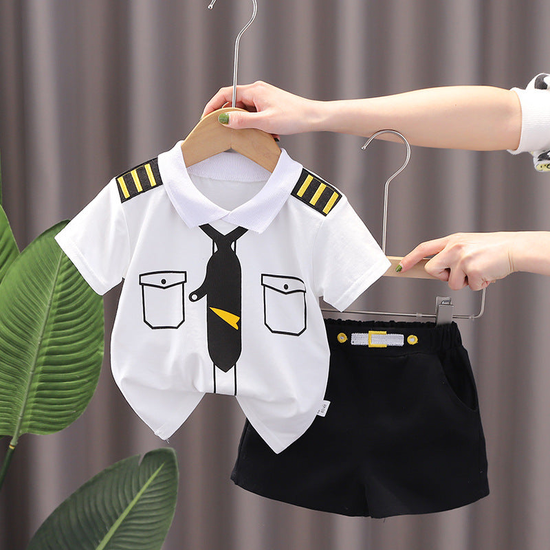 Boys summer clothes children's short-sleeved suits summer new style little boy baby fashion striped polo shirt two-piece suit trendy