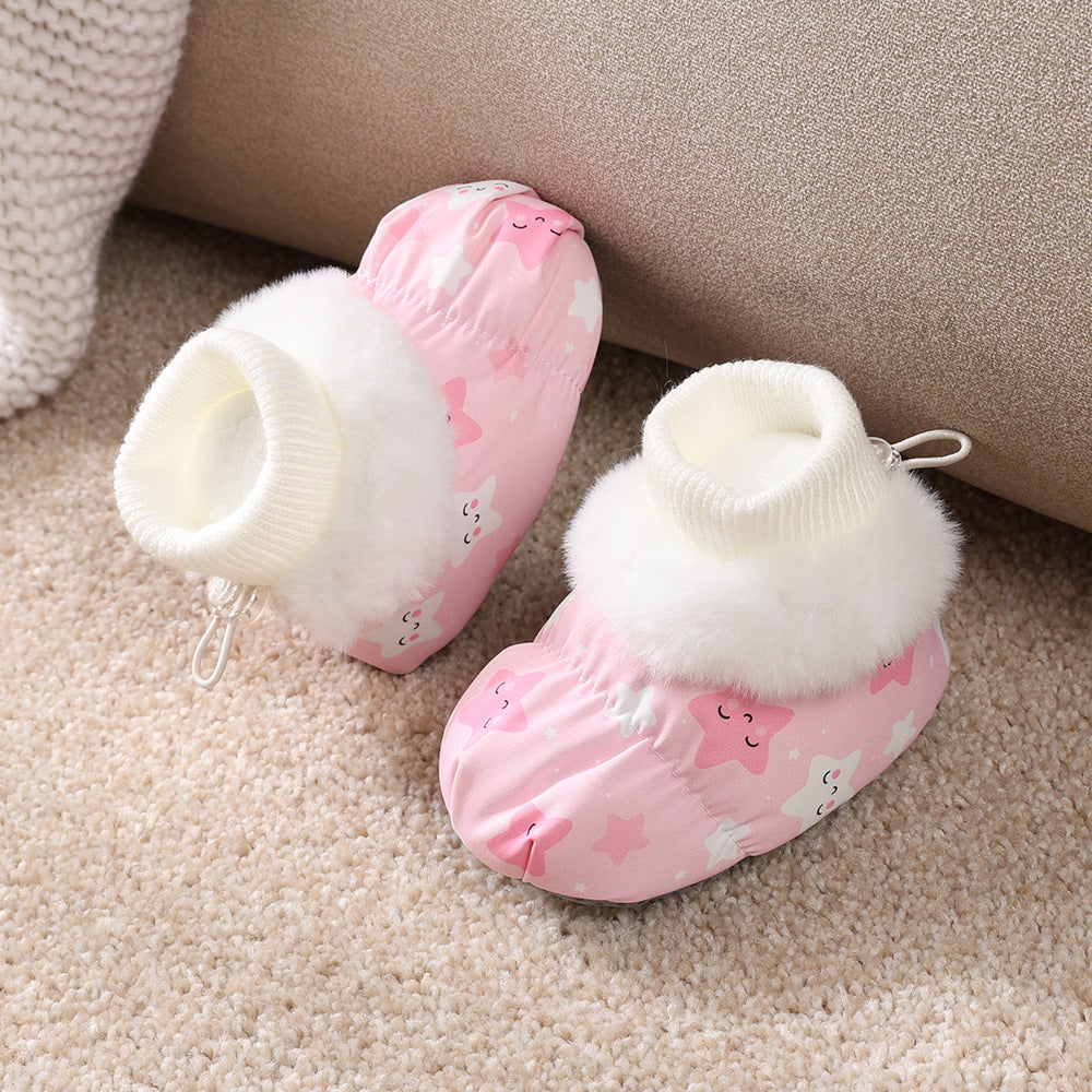 Autumn and winter infant shoes plus velvet 0-1 year old baby soft sole non-falling cotton shoes keep warm newborn full moon shoes and socks