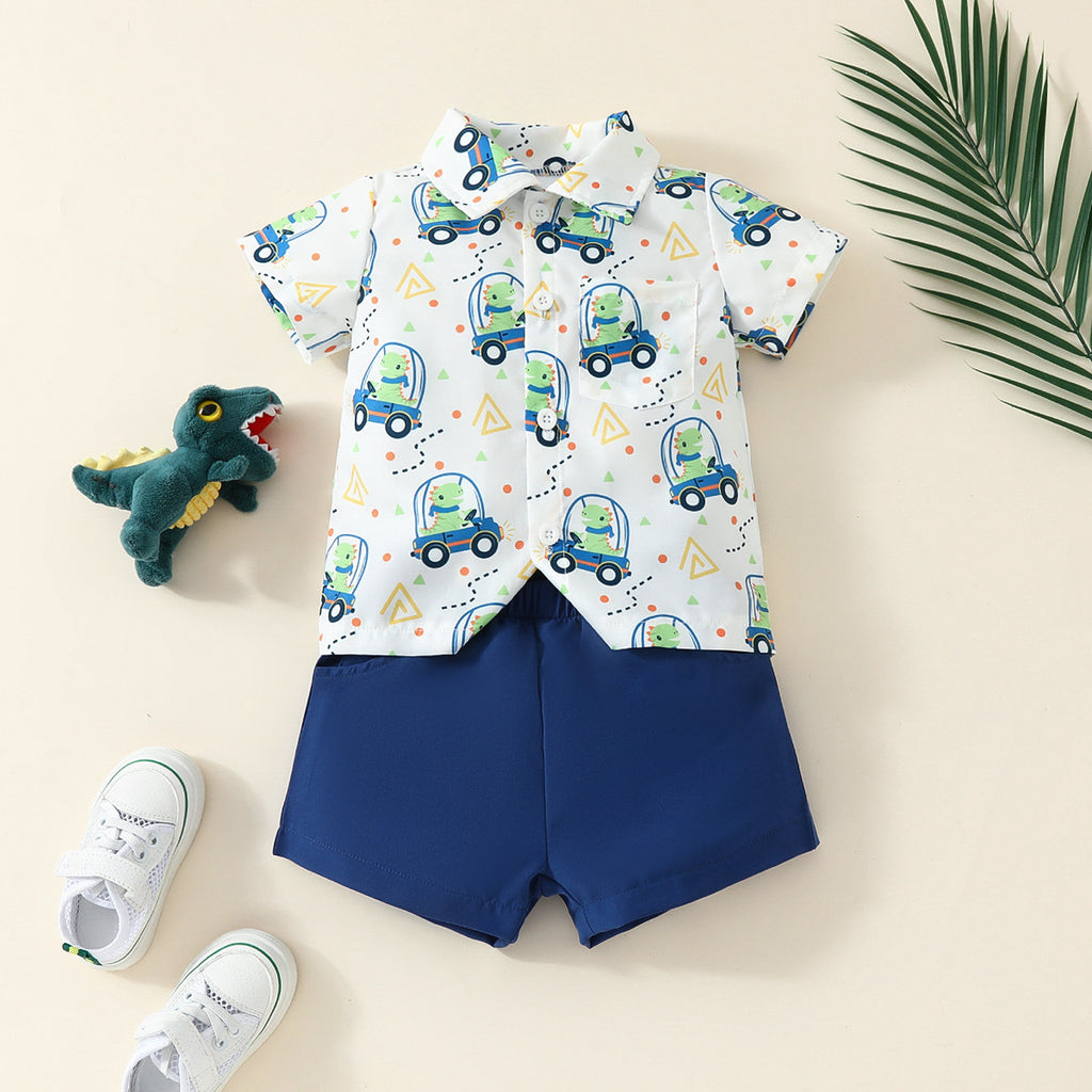 Children's clothing 2024 summer new style baby boy shirt dress cartoon cute top solid color shorts two-piece suit