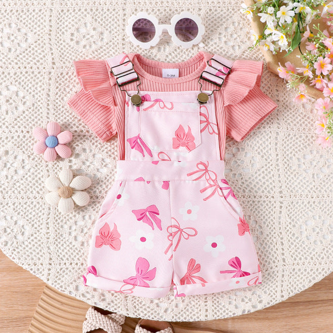 Foreign trade cross-border European and American summer baby girl suits infant and toddler flying sleeve short-sleeved romper printed overalls