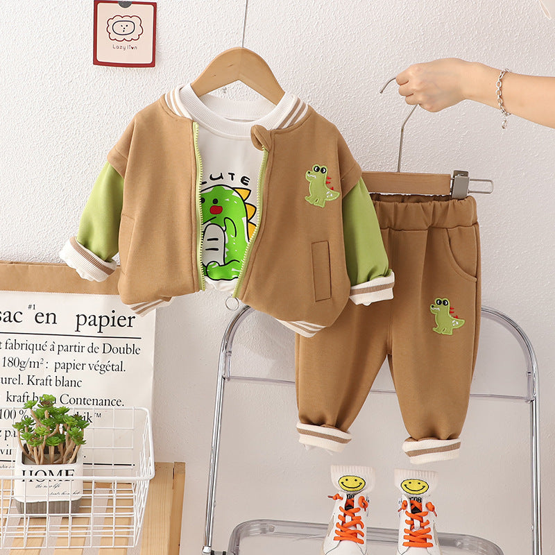 Boys spring suit 2025 new stylish baby spring suit cartoon baseball three-piece suit dinosaur baby children's suit a