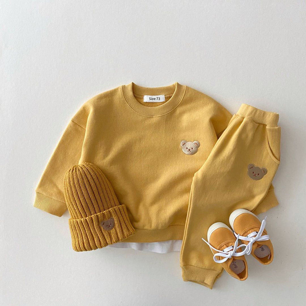 Korean version ins newborn baby cotton bear round neck sweater sports suit baby casual cartoon two-piece suit