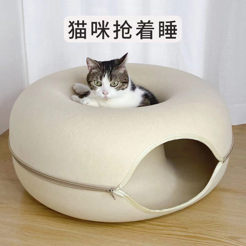 Cross-border Amazon supply felt donut cat bed with zipper cat tunnel cat toy double-layer cat pet bed