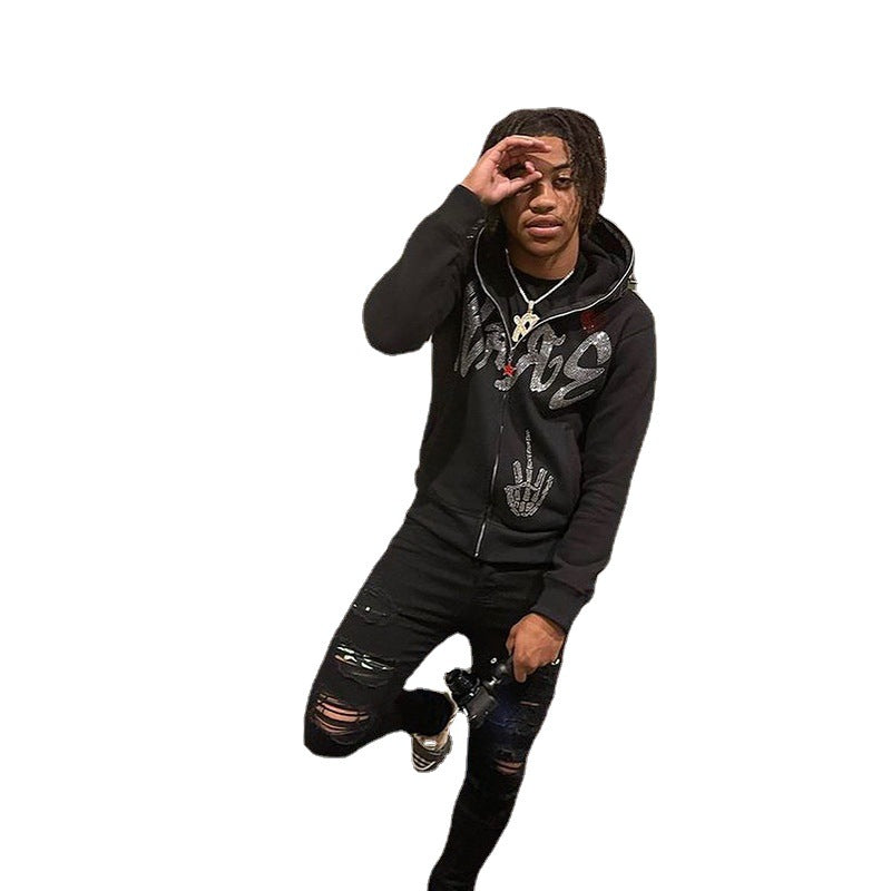 2022 Halloween cross-border new European and American autumn and winter men and women Y2K trend rhinestone loose hooded cardigan sweater