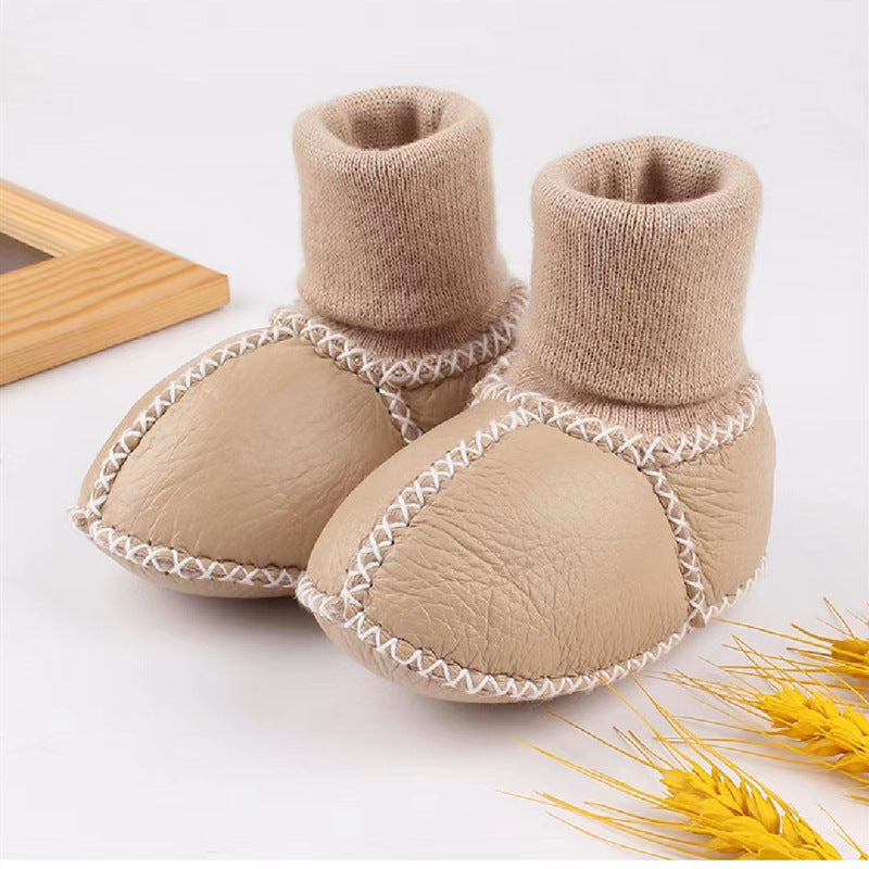 Sheepskin and fur integrated baby shoes and socks keep warm and velvet autumn and winter baby cotton shoes soft soles will not fall off toddler shoes newborn